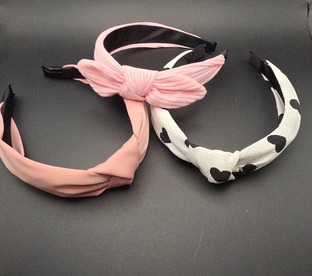 Pink, Black N White Hearts Knotted Headband Set Of 3— Heart Print & Solid Styles